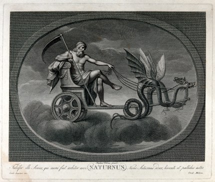 V0024875 Astronomy: Saturn with his scythe, riding in his chariot. En